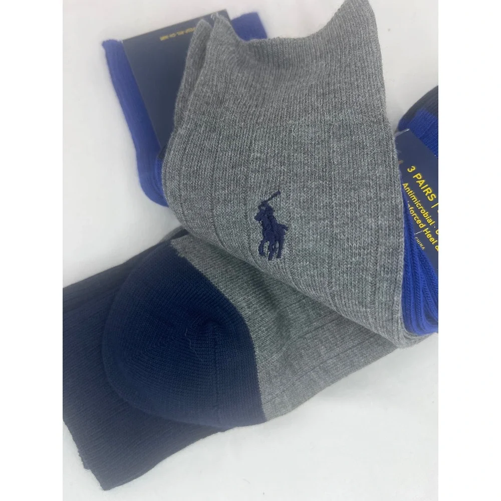 Polo Ralph Lauren Mens 3 Pack Dress Socks Blue Grey Navy Ribbed‎ Soft Touch NEW
